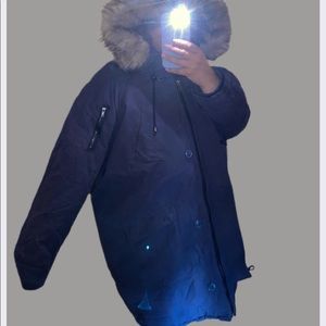 Navy Blue Long Zip Fluffy Coat